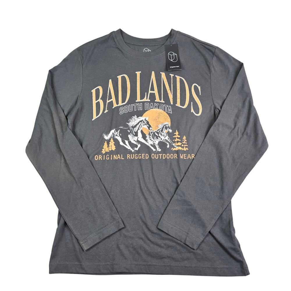 Badlands South Dakota Long Sleeve Shirt Men's Small Gray Horses Ranch Farm New